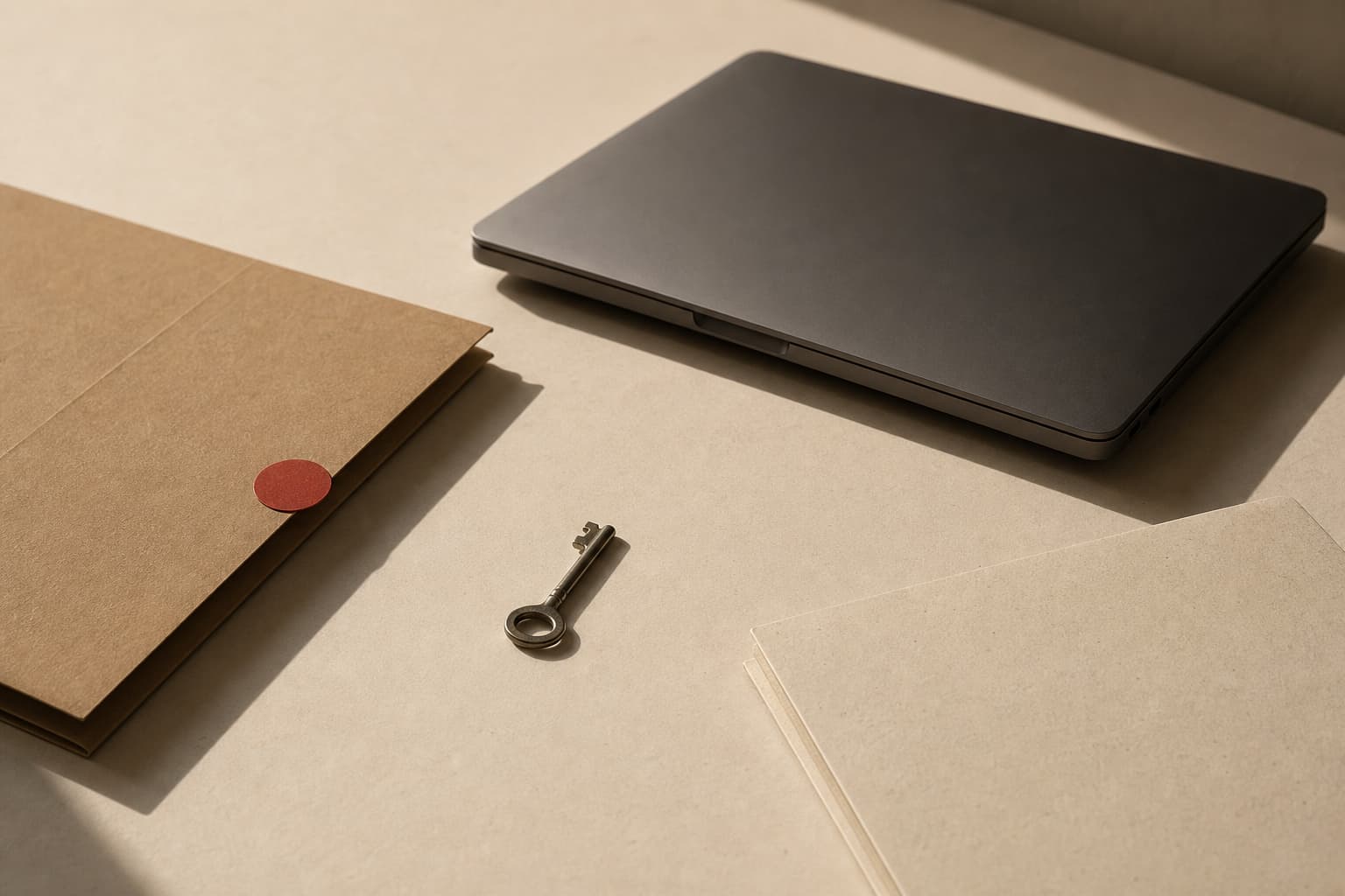 A closed charcoal laptop and two widely spaced paper folders on a warm pale desk, one folder marked with a red circular seal.