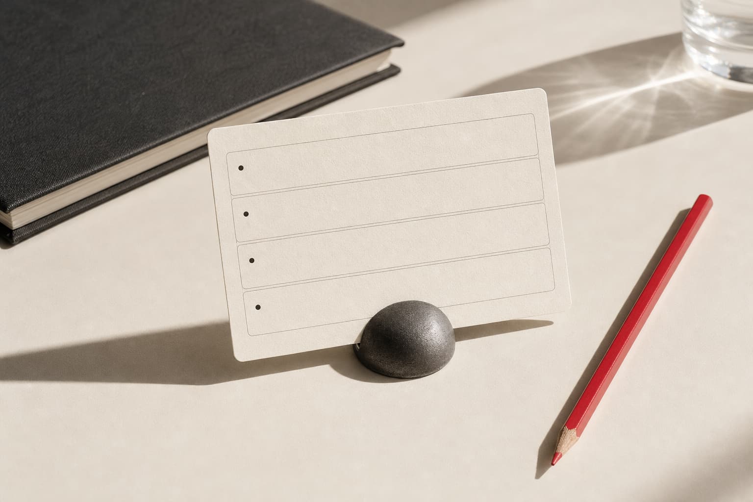 A decision card, vermilion-red pencil, and charcoal notebook on a warm off-white desk.