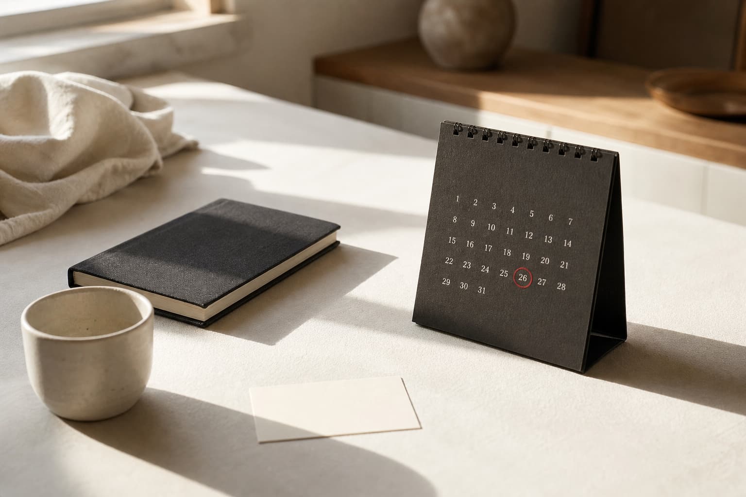 A paper calendar on an off-white table with one vermilion-red circle marking an end date.