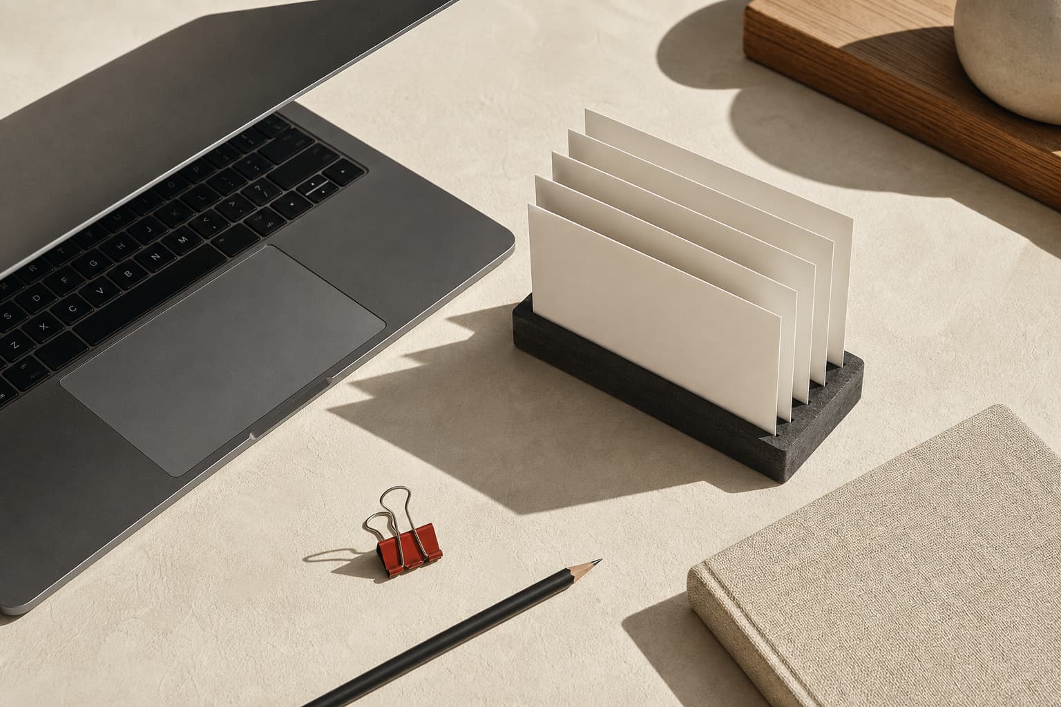 A laptop on a pale desk beside a card holder with six paper tabs and a single red binder clip.