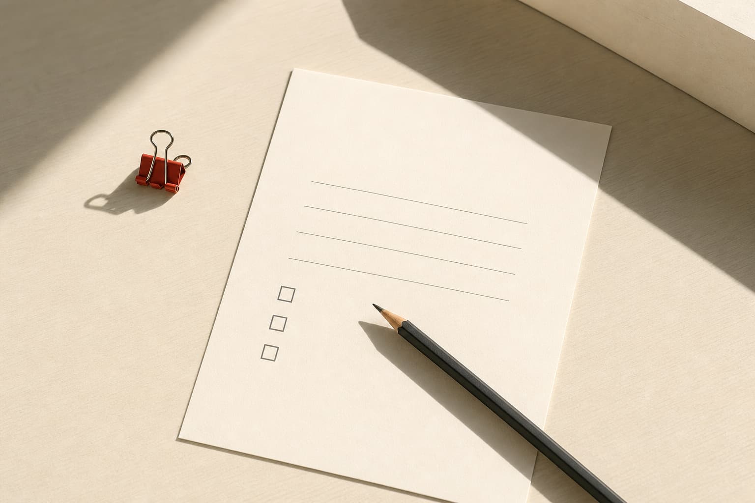 A paper buying brief, a pencil, and a red binder clip on a pale desk.