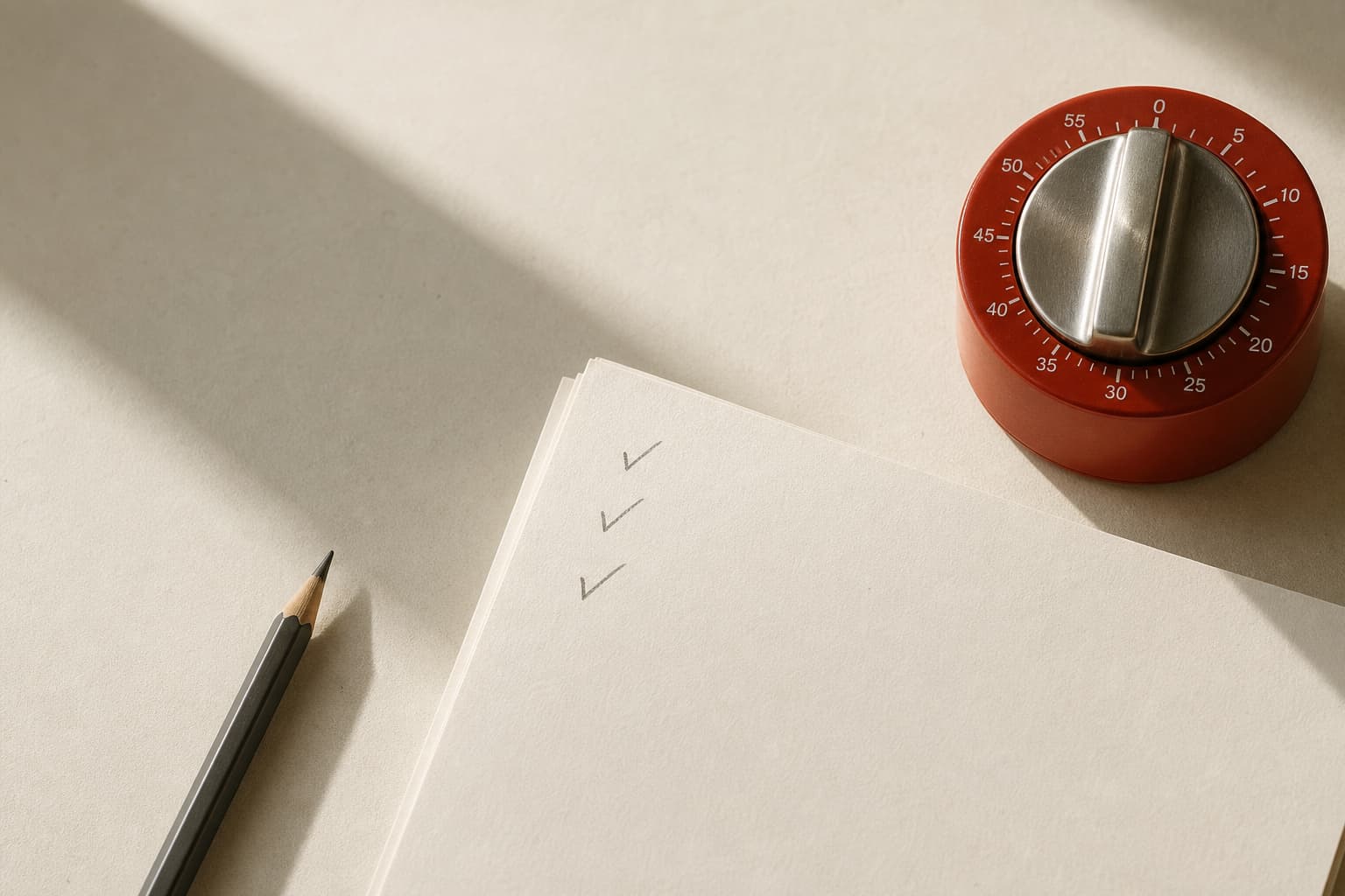 A pencil, a stack of paper with check marks, and a red mechanical timer on a pale desk.