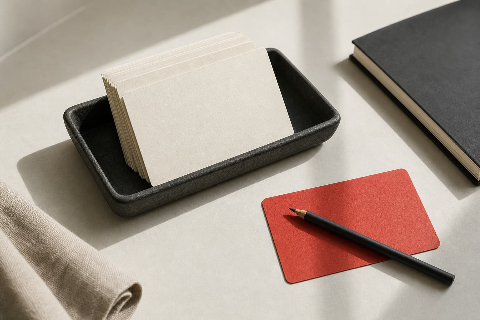 A stack of blank cards on a warm pale desk, with one red card set apart.