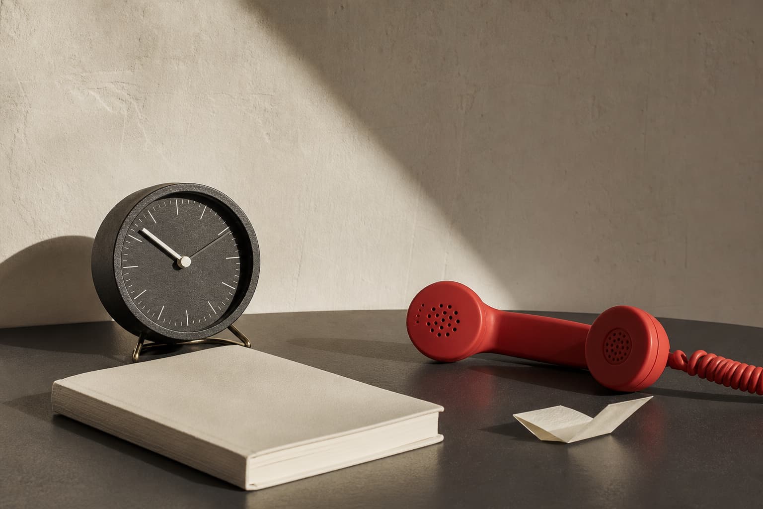A black desk clock, notebook, and red telephone handset on a pale desk.