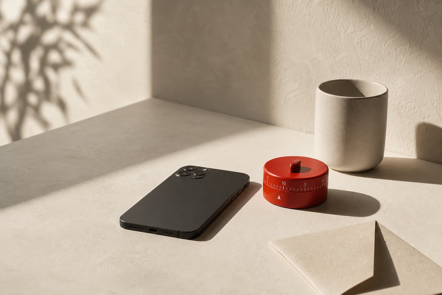 A phone lies face down beside a red mechanical timer on a light-colored desk.