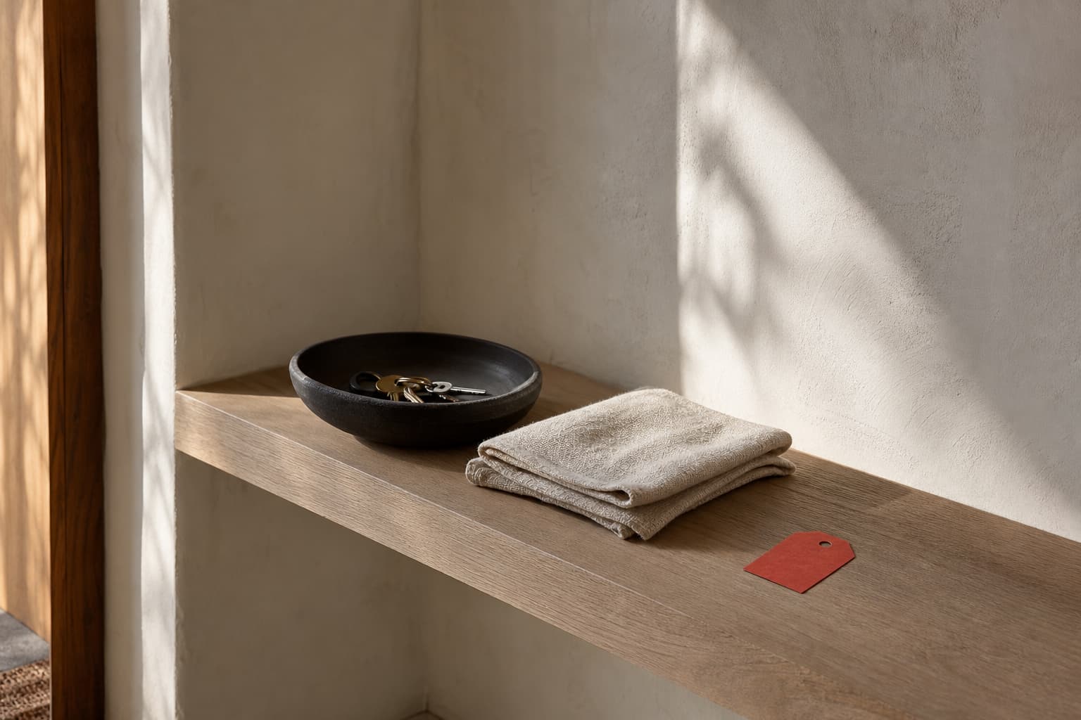 A light shelf with a clear surface, a ceramic bowl, and one red paper tag.