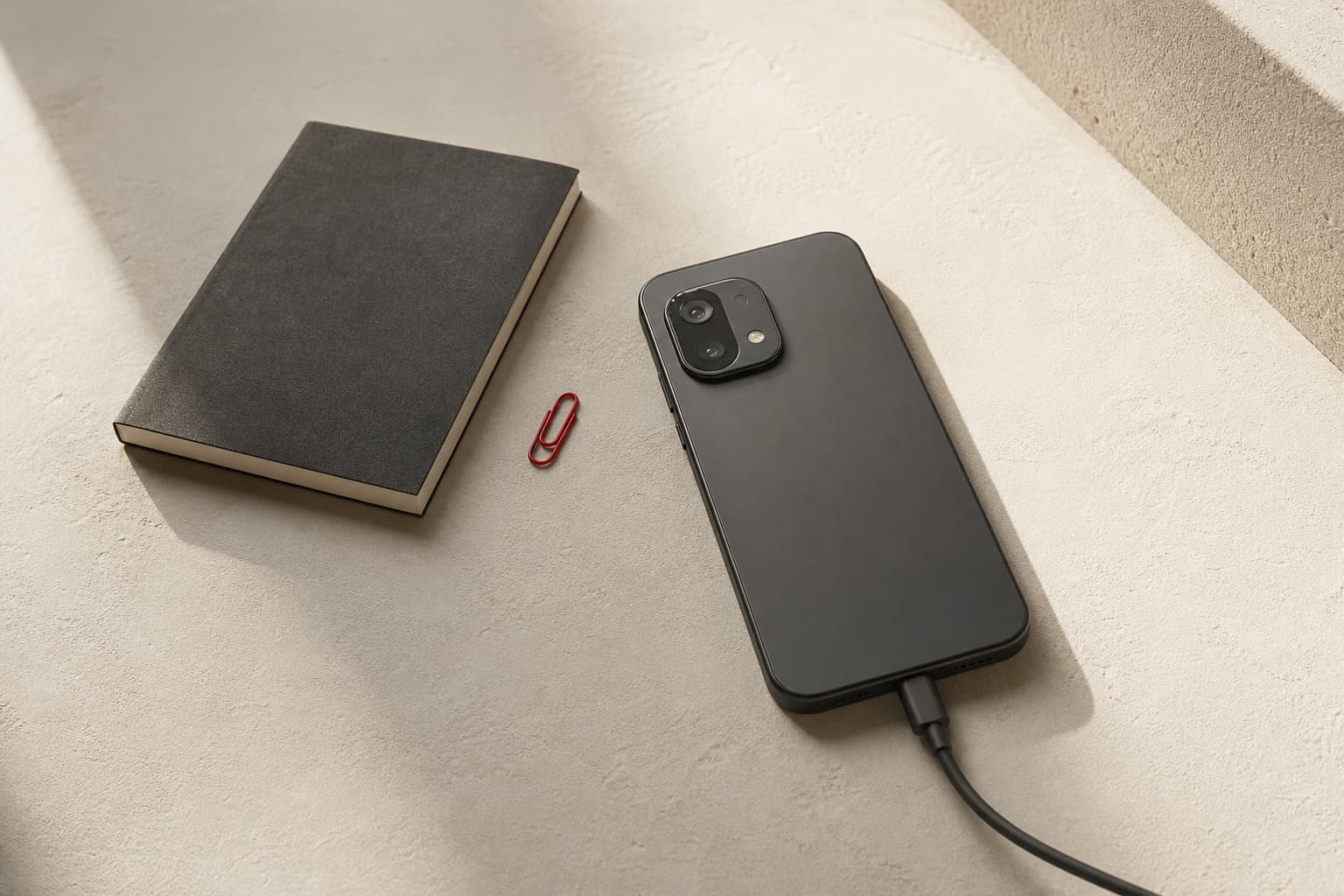 An Android phone lies face-down beside a notebook and a red paper clip on a pale desk.
