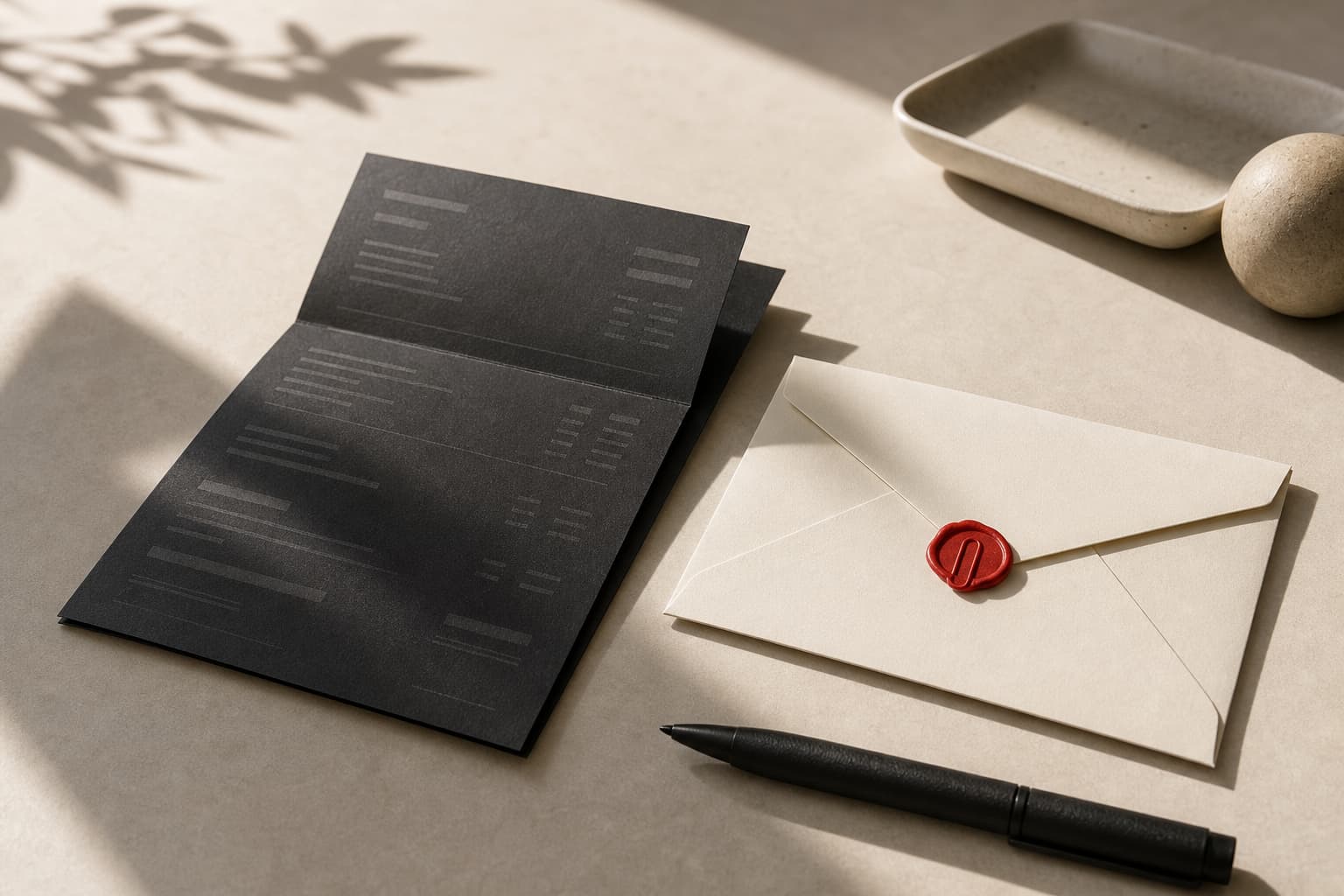 A paper statement, envelope, and pen on a pale desk with one red accent.