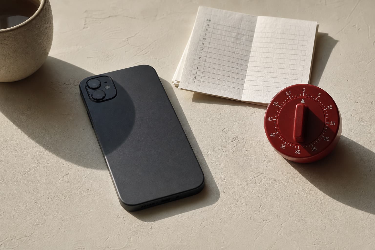 A phone face-down beside a paper schedule and red timer on a pale desk.