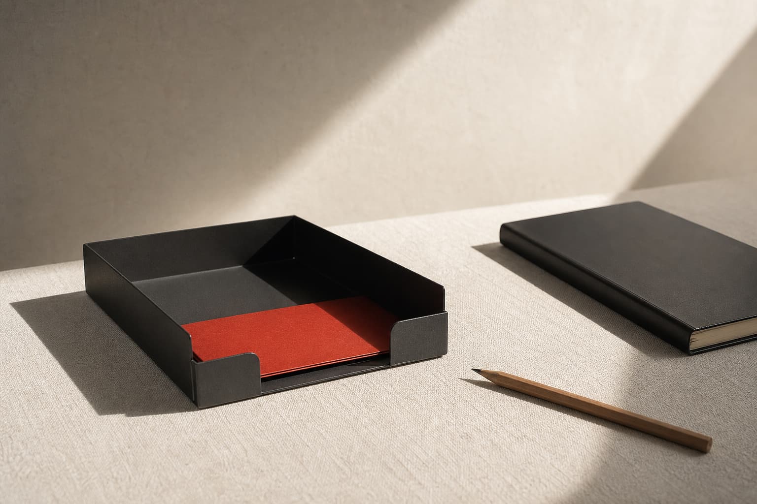 A nearly empty metal inbox tray on a pale linen desk with one red card.