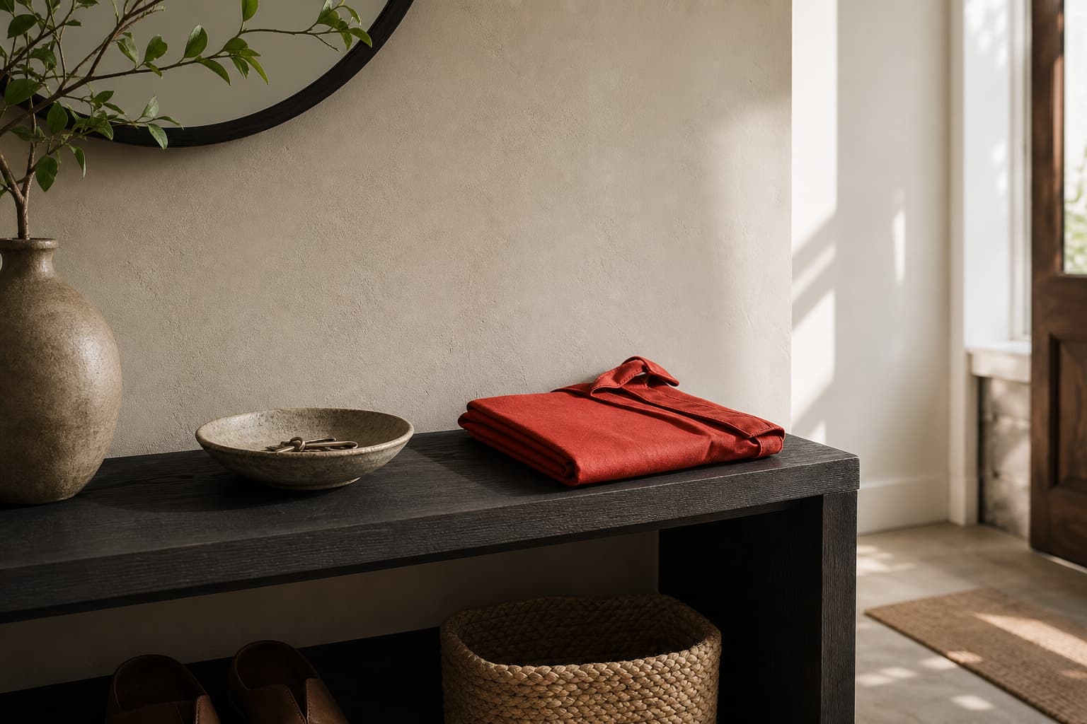 A light entry shelf with a ceramic bowl and a vermilion-red donation bag