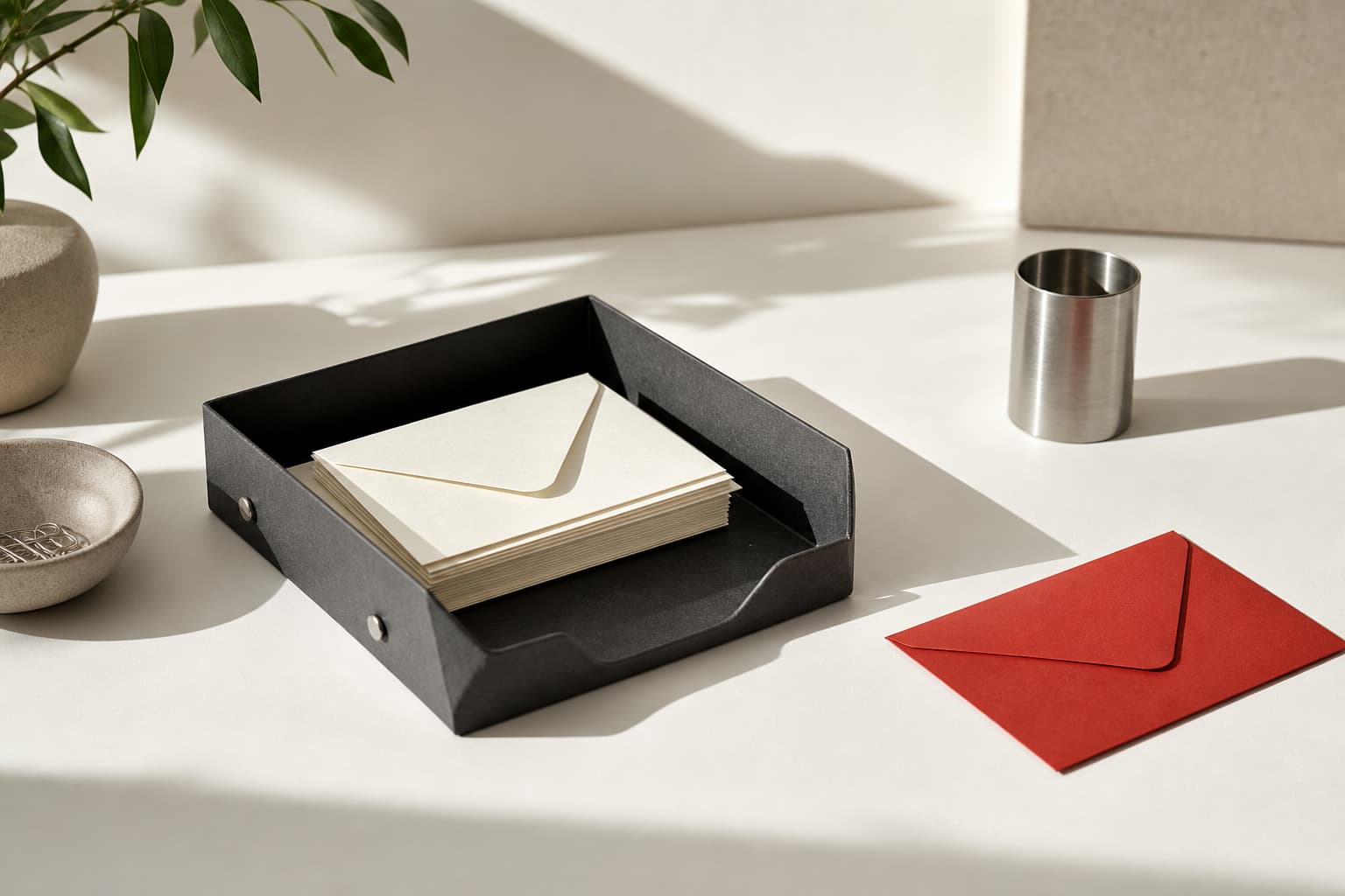 A stack of paper envelopes in an inbox tray, with one red envelope set aside.