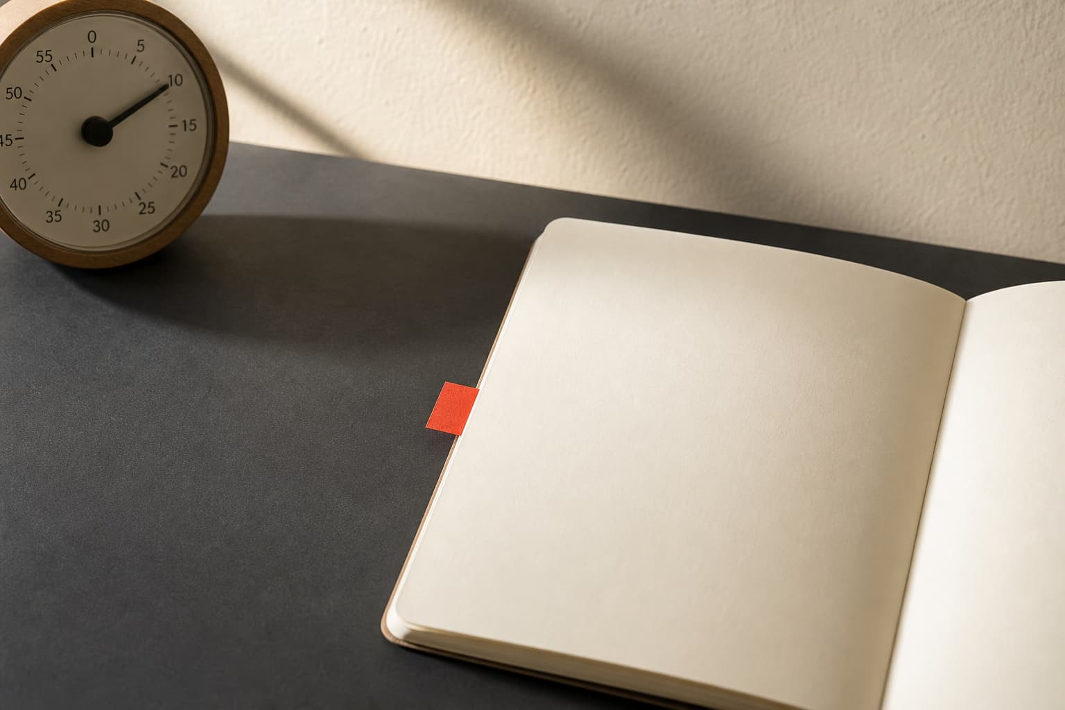 A notebook, timer, and red paper tab on a dark desk