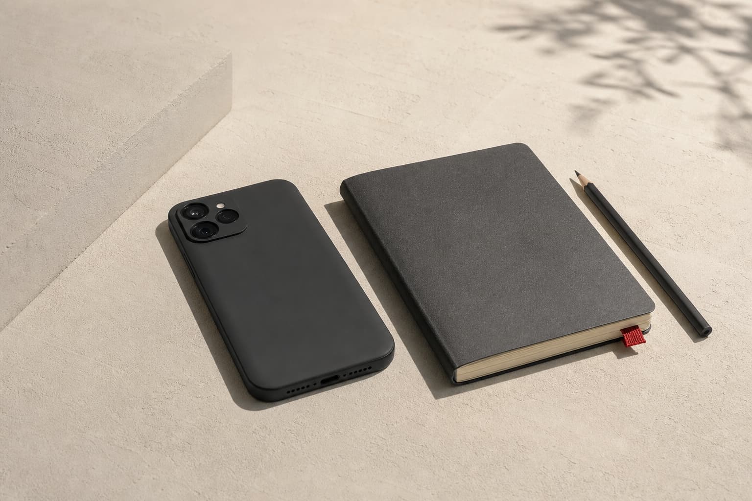 A smartphone, notebook, and pencil on a pale desk, with the phone display shown without colour.