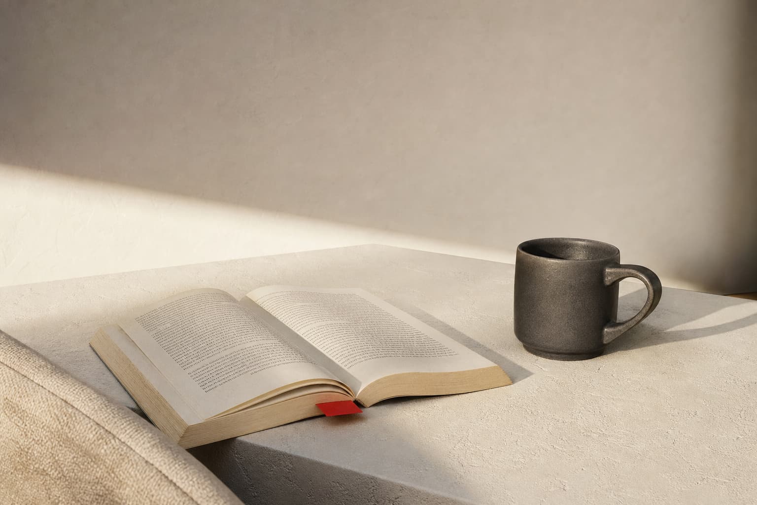 An open book, a mug, and a red bookmark on a pale table.