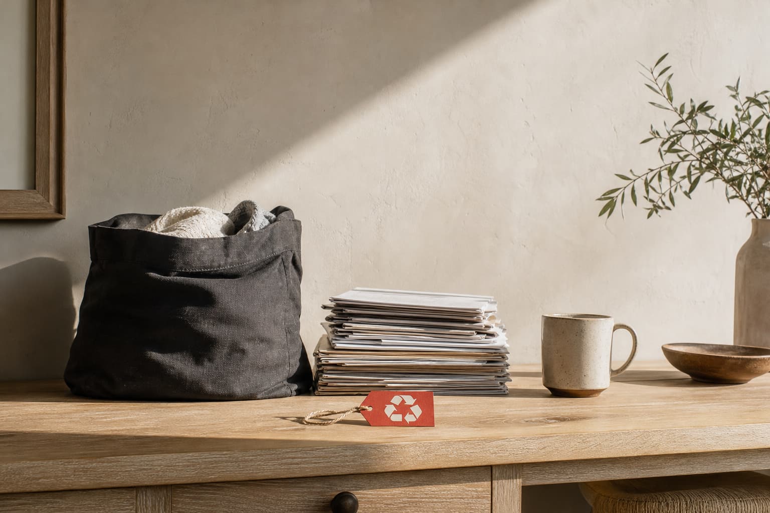 A calm home sorting scene on a light wood table, with a charcoal donation bag and one red recycling tag.