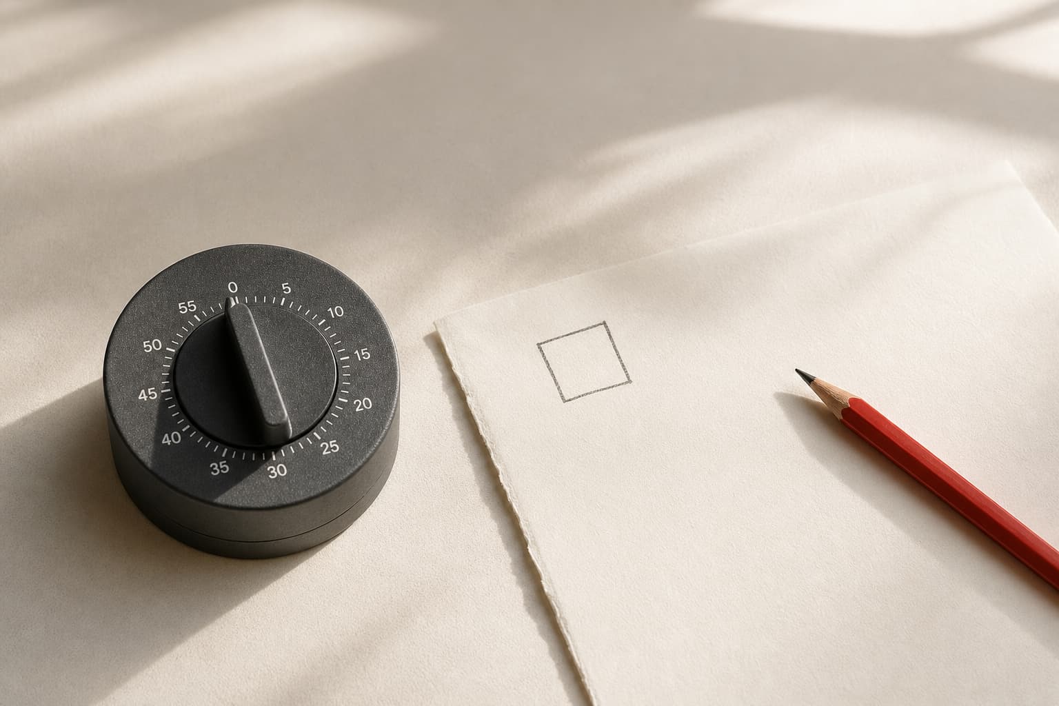 A mechanical timer on a pale desk beside a sheet of paper and a red pencil.