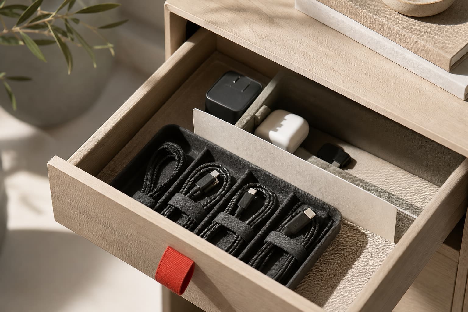 Аккуратно разложенные кабели USB-C и зарядные блоки в неглубоком домашнем ящике.