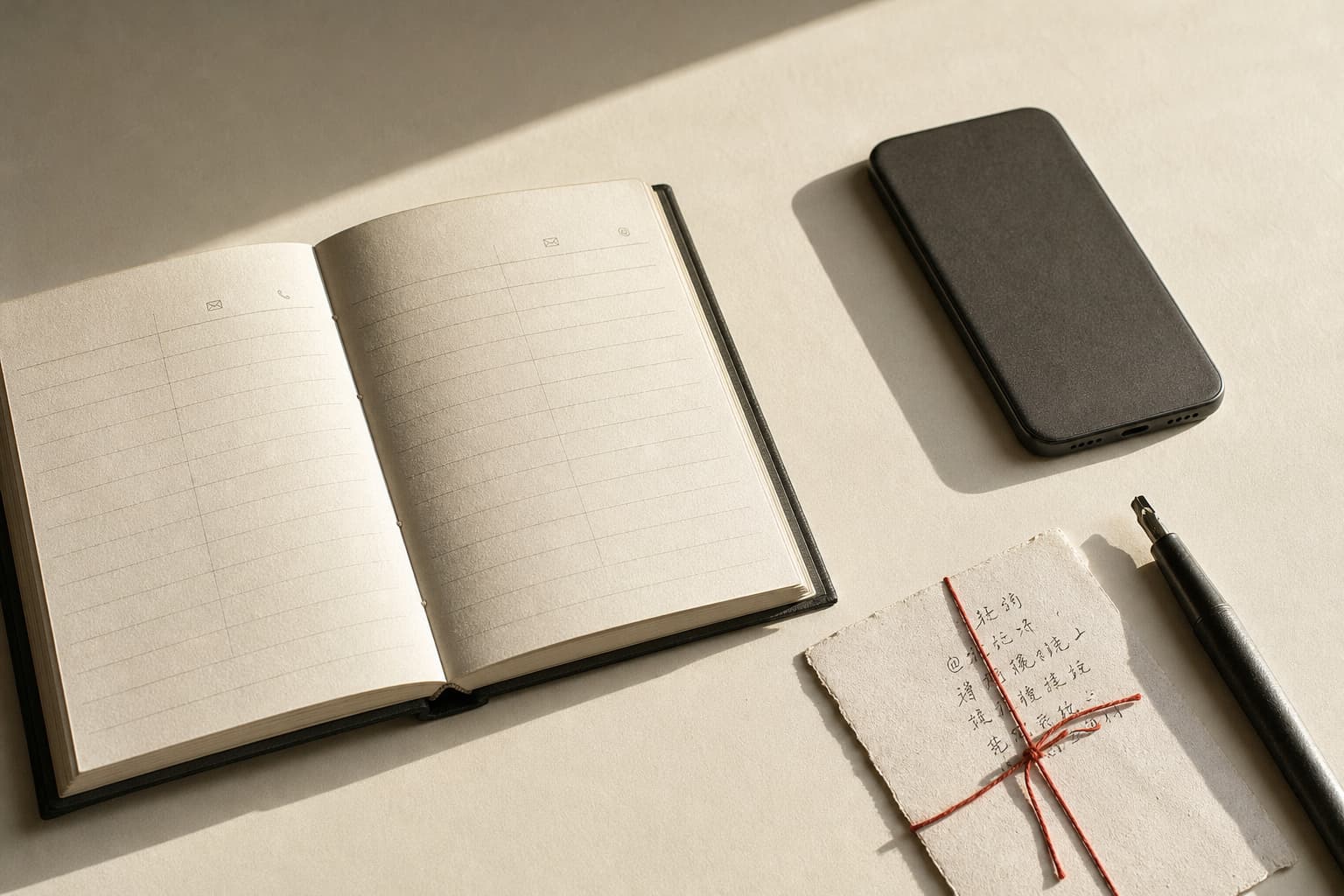 Бумажная адресная книга, ручка и телефон экраном вниз на светлом столе