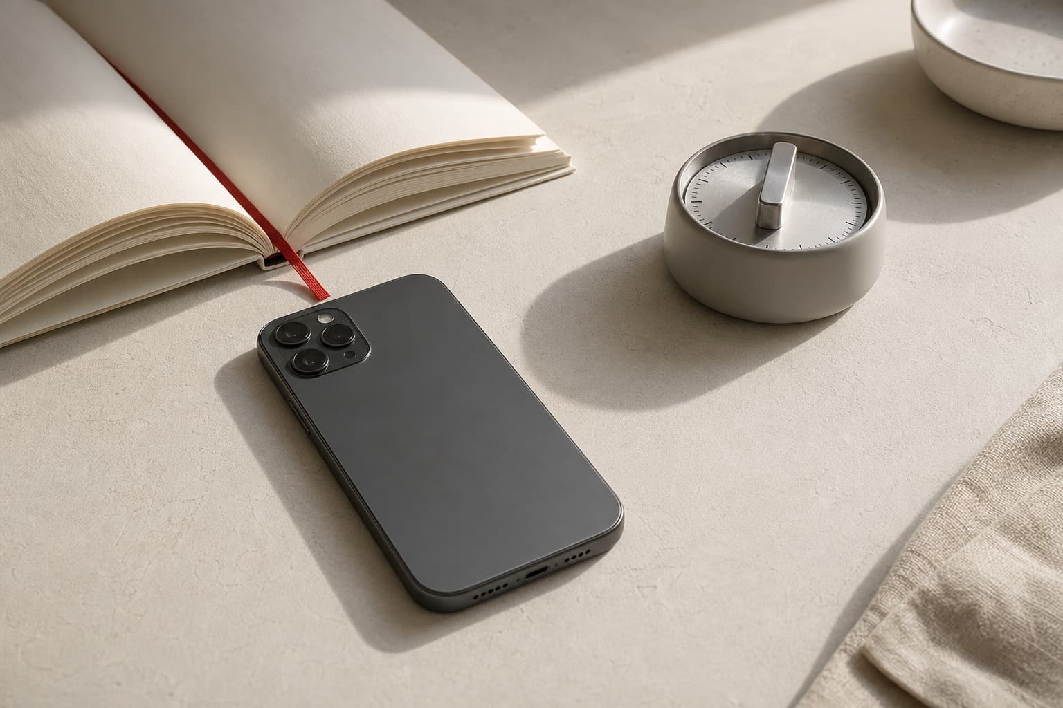 A phone face-down beside an open book and kitchen timer on a light desk